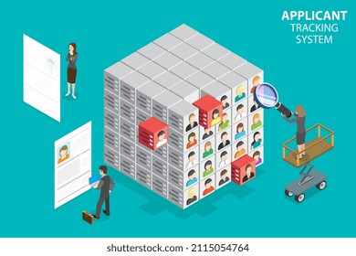 3D Isometric Flat Vector Conceptual Ilustración del sistema de seguimiento del solicitante, Gestión de los recursos humanos