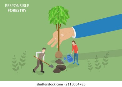 3D Isometric Flat Vector Conceptual Illustration Of Responsible Forestry, Forest Restoration, Planting New Trees