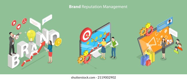 3D Isometric Flat Vector Conceptual Illustration of Brand Reputation Management, Digital Marketing Campaign