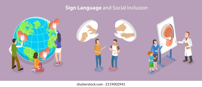 3D Isometric Flat Vector Conceptual Illustration of Sign Language And Social Inclusion, Hearing Disability