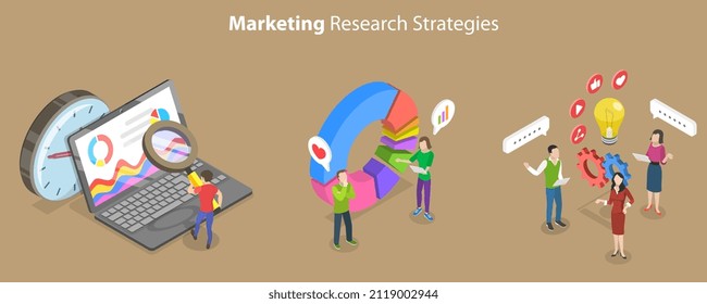 3D Isometric Flat Vector Conceptual Illustration of Marketing Research Strategies, Customer Relationship Management