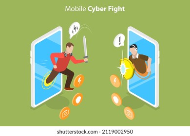 3D Isometric Flat Vector Conceptual Illustration of Mobile Cyber Fight, Online Gaming and Virtual Reality