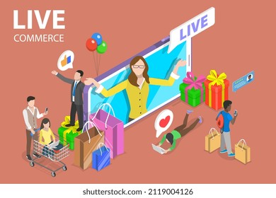 3D Isometric Flat Vector Conceptual Illustration of Live Commerce, E-commerce and Online Selling