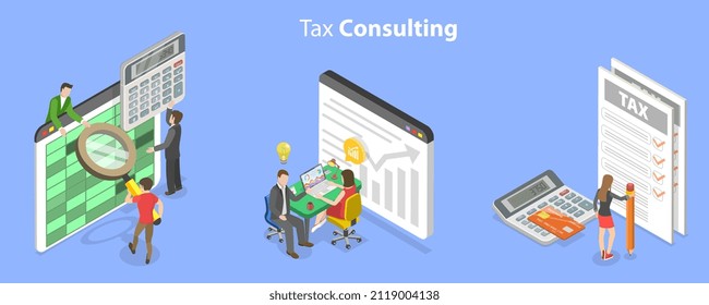 3D Isometric Flat Vector Conceptual Illustration of Tax Consulting, Financial Reporting and Audit