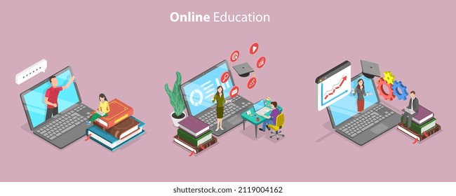 3D Isometric Flat Vector Conceptual Illustration of Online Education, Internet Courses and Hybrid Learning