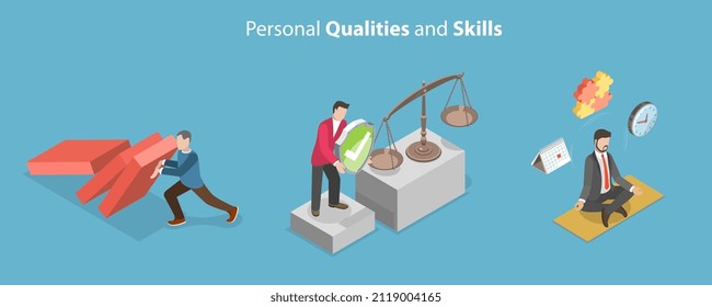 3D Isometric Flat Vector Conceptual Illustration of Personal Qualities and Skills, Experience and Competence Professional Career Development