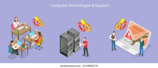 3D Isometric Flat Vector Conceptual Illustration of Computer Technologies, IT Technical Support and Maintenance Services