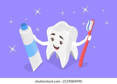3D Isometric Flat Vector Conceptual Illustration of Happy Smiling Tooth, Oral Hygiene and Teeth Cleaning