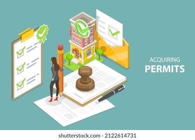 3D Isometric Flat Vector Conceptual Illustration of Acquiring Permits, Obtaining License