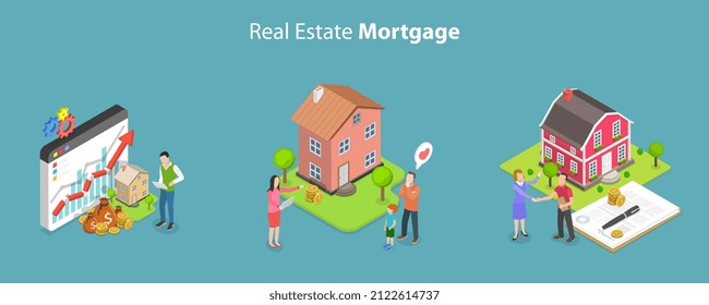 3D Isometric Flat Vector Conceptual Illustration of Real Estate Mortgage, House Loan or Money Investment to Property