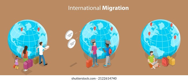 3D Isométrico Vector plano Ilustración conceptual de la migración internacional, trabajo de expatriación