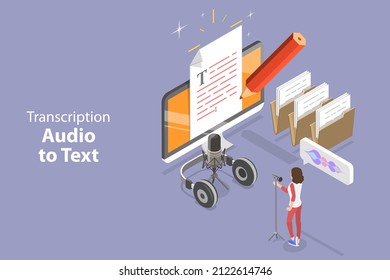 3D Isometric Flat Vector Conceptual Illustration of Transcription Audio To Text, Speech Recognition Service