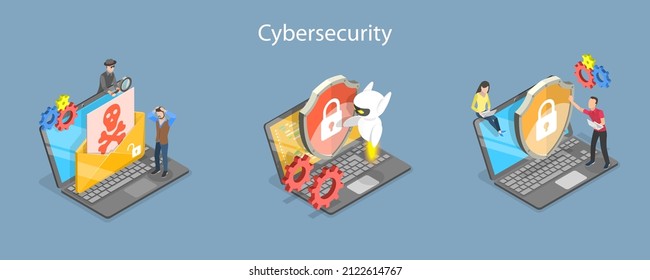 3D Isometric Flat Vector Conceptual Illustration Of Cybersecurity, Antivirus Software And Digital Protection