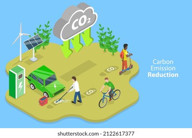 3D Isometric Flat Vector Conceptual Illustration of Carbon Emission Reduction, Alternative Energy Usage to Eliminate Environment Danger