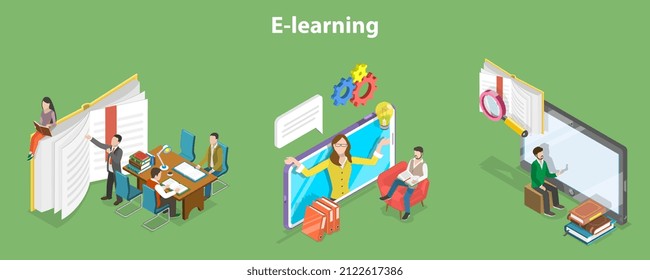 3D Isometric Flat Vector Conceptual Illustration of E-learning, Digital Online Education