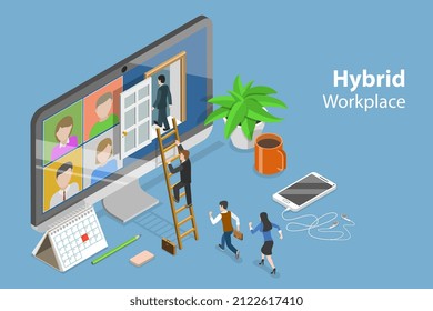 3D Isometric Flat Vector Conceptual Illustration of Hybrid Workplace, Distant Online Job Opportunites