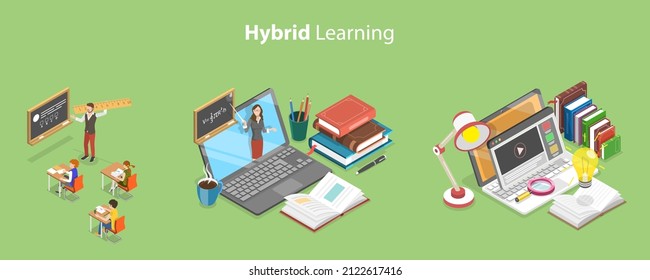 3D Isometric Flat Vector Conceptual Illustration of Hybrid Learning , Distance Learning Technologies