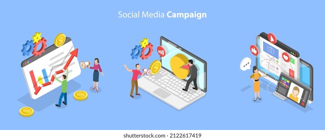 3D Isometric Flat Vector Conceptual Illustration of Social Media Campaign, Online Advertising and Digital Marketing