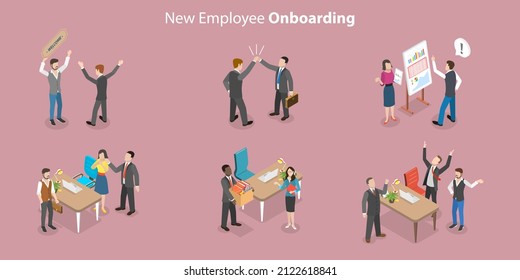 3D Isometric Flat Vector Conceptual Illustration Of Employee Onboarding, Getting Experience In New Work Team