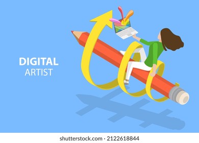3D Isometric Flat Vector Conceptual Illustration of Digital Artist, Creative Designer Professional