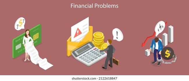 3D Isometric Flat Vector Conceptual Illustration of Financial Problems, Business Crisis and Bankruptcy