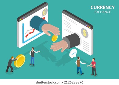 3D Isometric Flat Vector Conceptual Illustration of Currency Exchange, Online Money Transfer