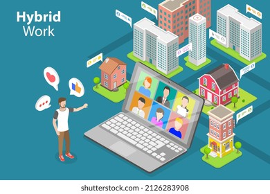 3D Isometric Flat Vector Conceptual Illustration of Hybrid Work, Flexible Workplace, Working from Home