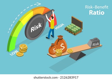 Isometric Flat Vector Conceptual Isométrico Ilustración de la relación beneficio riesgo, gestión del riesgo de inversión