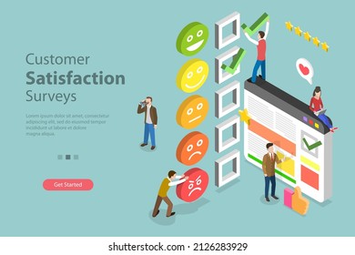 3D Isometric Flat Vector Conceptual Illustration of Customer Satisfaction Surveys, Client Rating and Feedback