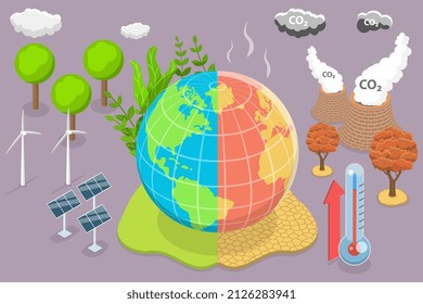 3D Isometric Flat Vector Conceptual Illustration of Greenhouse Effect, Environment Pollution and Global Warming