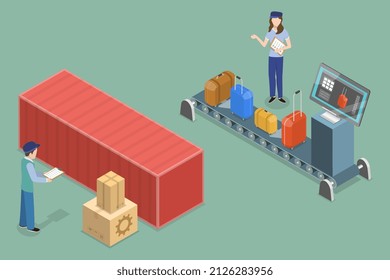 3D Isometric Flat Vector Conceptual Illustration of Customs Inspection, Airport Luggage Check