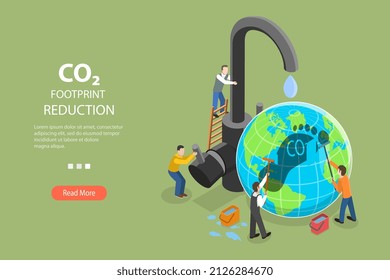 Vector plano isométrico 3D Ilustración conceptual de la reducción de la huella de CO2, reducción de la huella de carbono