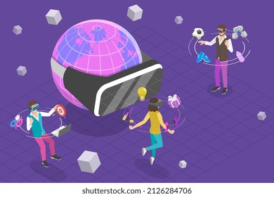 3D-Isometrisches flaches Vektordesign, Conceptual Illustration of Metaverse Virtual Worlds, Augmented Reality Technology