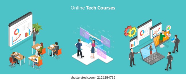 3D Isometric Flat Vector Conceptual Illustration Of Online Tech Courses, IT Specialist Training