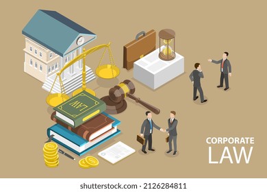 3D Vector plano isométrico Ilustración conceptual del derecho de sociedades, apoyo a los litigios, servicio de justicia jurídica