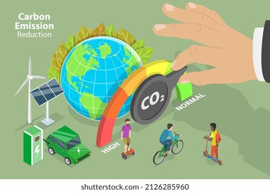 Vector plano isométrico 3D Ilustración conceptual de la reducción de las emisiones de carbono, disminución de las emisiones de dióxido de carbono