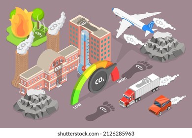 3D Isometric Flat Vector Conceptual Illustration of CO2 Emission, Air Pollution Causes, Global Warming