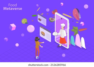 3D Isometric Flat Vector Conceptual Illustration of Food Metaverse, Online Restaurant Ordering