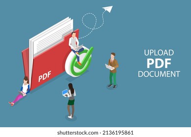 3D Isometric Flat Vector Conceptual Illustration of Upload PDF Document, File Sharing Online