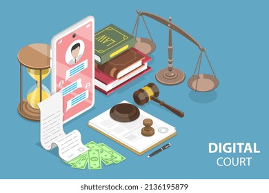 3D Isometric Flat Vector Conceptual Illustration of Digital Court, Legal Online Services