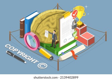 Isométrico Vector plano 3D Ilustración conceptual del derecho de autor, la propiedad intelectual y la protección patentada