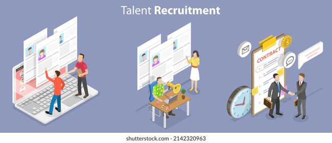 3D Isometric Flat Vector Conceptual Illustration Of Talent Recruitment Agency, Employee Searching And Hiring