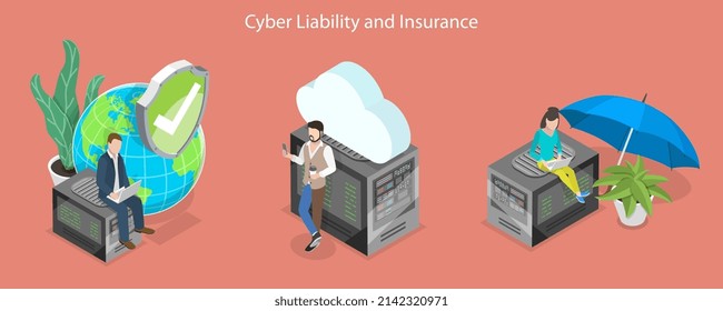 Isométrico Vector Plano 3D Ilustración conceptual de la responsabilidad y los seguros cibernéticos, protección contra el riesgo de ciberdelito