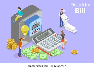 3D Isometric Flat Vector Conceptual Illustration of Electricity Bill, Utility Invoice Online Payment