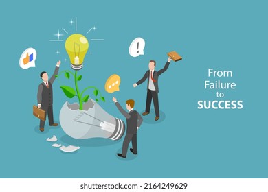 3D Isometric Flat Vector Conceptual Illustration of From Failure To Success, Mistakes and Setbacks as Motivation to Self Development