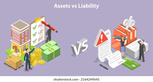 3D Isometric Flat Vector Conceptual Illustration of Assets Vs Liability, Financial Obligations Management