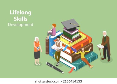 3D Isometric Flat Vector Conceptual Illustration of Lifelong Skills Development, Education and Self-Improvement