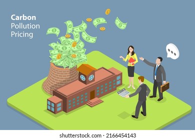 3D Isometric Flat Vector Conceptual Illustration Of Carbon Pollution Pricing, CO2 Emissions Fee Trading