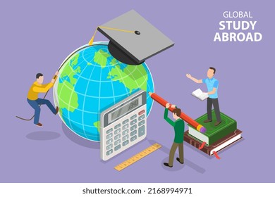 3D Isometric Flat Vector Conceptual Illustration of Global Study Abroad, Educational Tourism