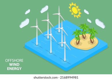 3D Isometric Flat Vector Conceptual Illustration of Offshore Wind Energy, Green Energy Turbines